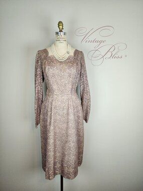 Vintage Late 1940's Mauve Lace Over Champagne Satin Cocktail Dress with Godet
